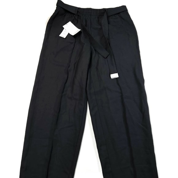 Lacoste High Waisted Flared Wool Blend Pants Womens 33 Blue New NWT $210 Belted